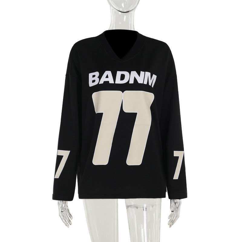 Oversized V-Neck Pullover with Graphic Number Print