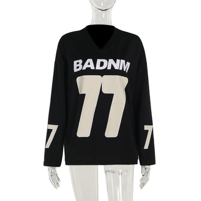 Oversized V-Neck Pullover with Graphic Number Print