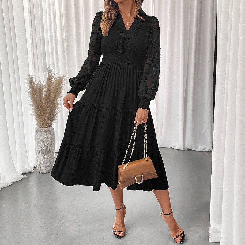 Tiered Midi Dress with V-Neck and Lace Lantern Sleeves