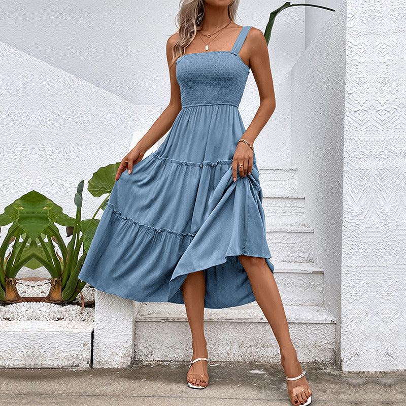 Solid A-Line Midi Dress with Smocked Bodice & Tiered Skirt