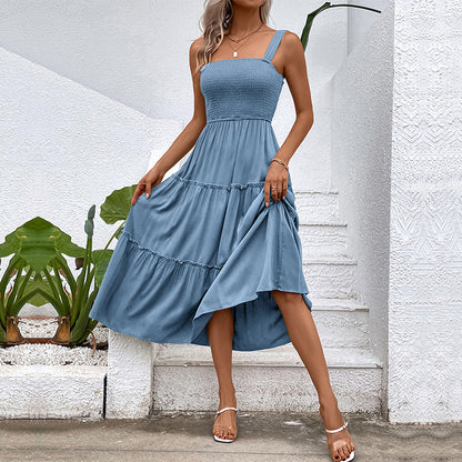 Solid A-Line Midi Dress with Smocked Bodice & Tiered Skirt