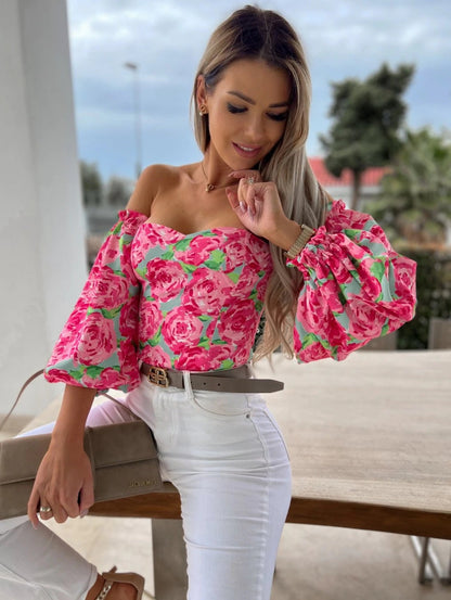 Floral Print Off-Shoulder Blouse with Puff Sleeves