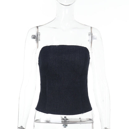 Slim Fit Strapless Denim Tube Top with Raw Edges