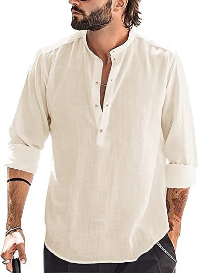 Loose Fit Cotton Blend Henley Shirt with Mandarin Collar