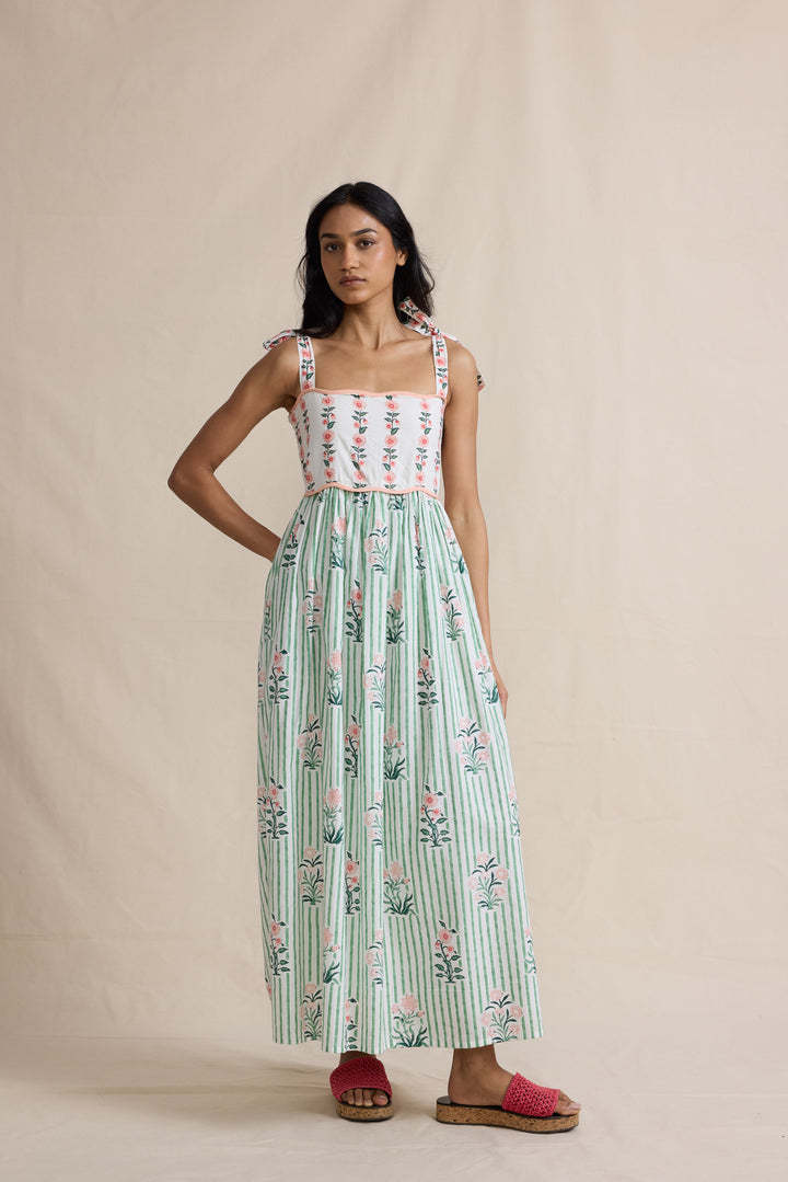 Floral Striped Maxi Dress with Tie Straps and Lace-Up Back