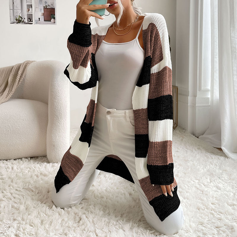 Striped Open Front Cardigan with Long Length