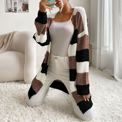 Striped Open Front Cardigan with Long Length