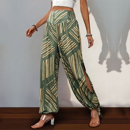 Geometric Print Lantern Pants with Smocked Waist and Side Slits