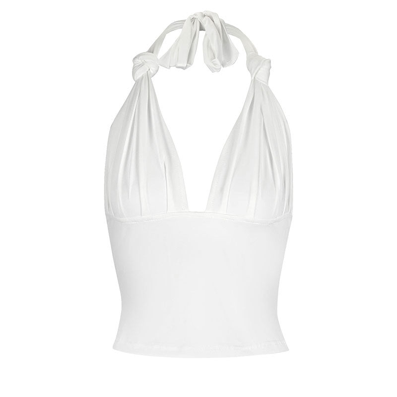Cropped Halter Top with Deep V-Neck and Ruched Front