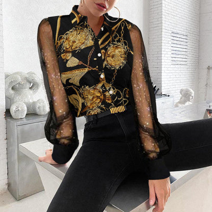 Baroque Print Button-Down Shirt with Sheer Mesh Sleeves