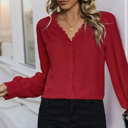 Solid V-Neck Blouse with Lace Trim and Ruffled Cuffs
