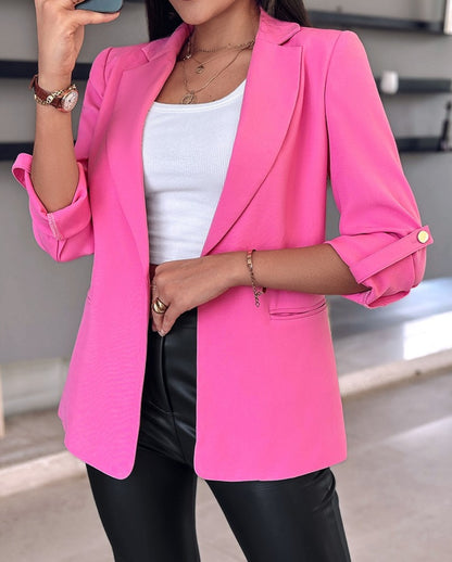 Solid Notched Lapel Blazer with Roll-Up Sleeves