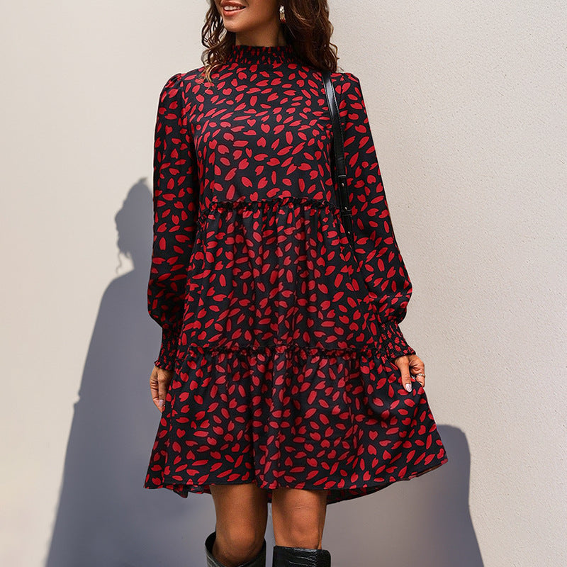 Animal Print Tiered Dress with Half Turtleneck