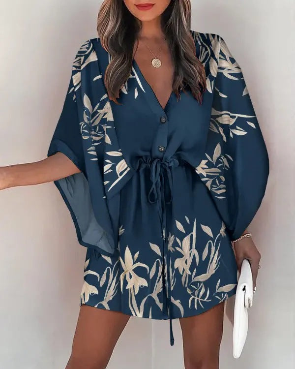 Printed Mini Dress with Bat Sleeves and Drawstring Waist
