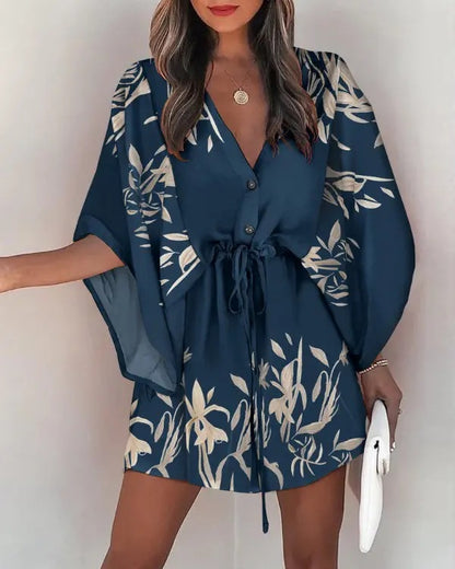 Printed Mini Dress with Bat Sleeves and Drawstring Waist