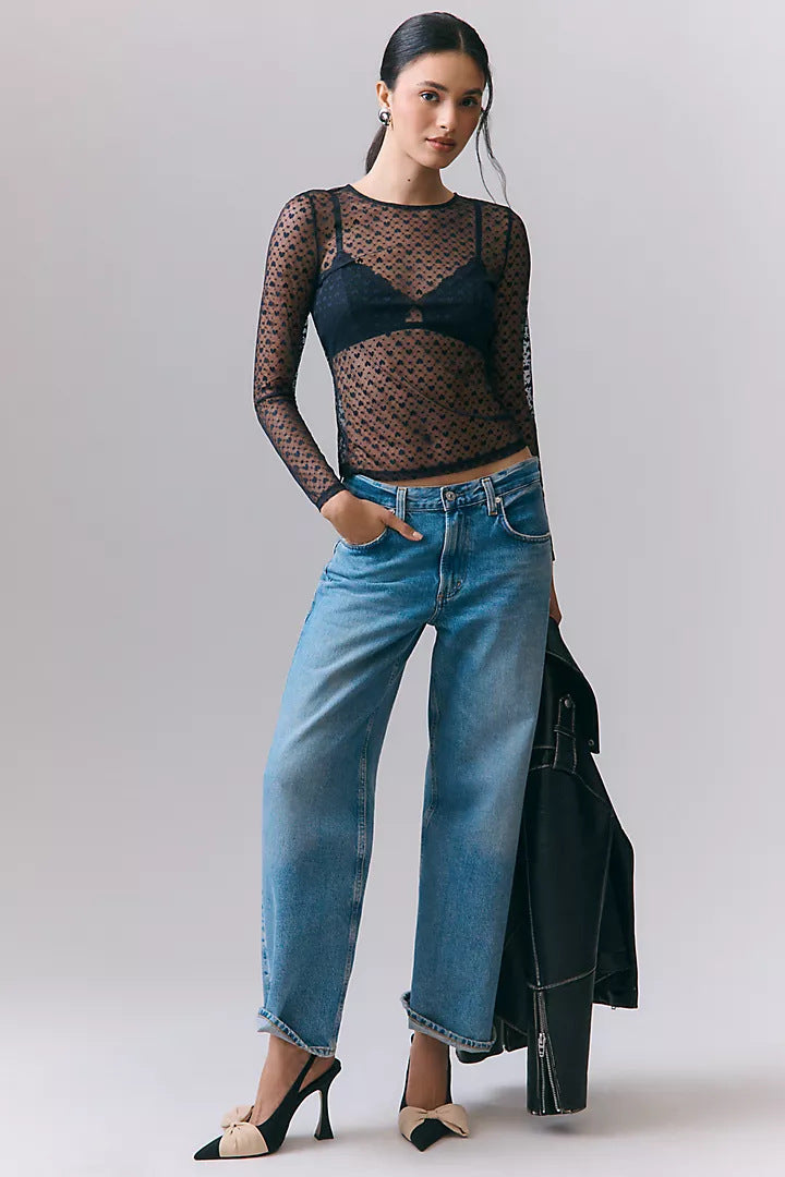 Heart Print Sheer Mesh Top with Crew Neck and Long Sleeves