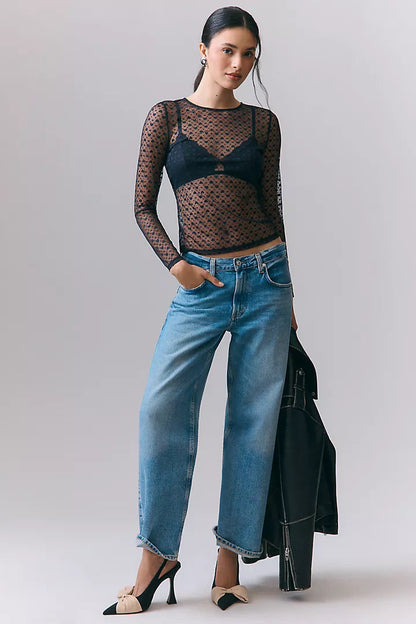 Heart Print Sheer Mesh Top with Crew Neck and Long Sleeves