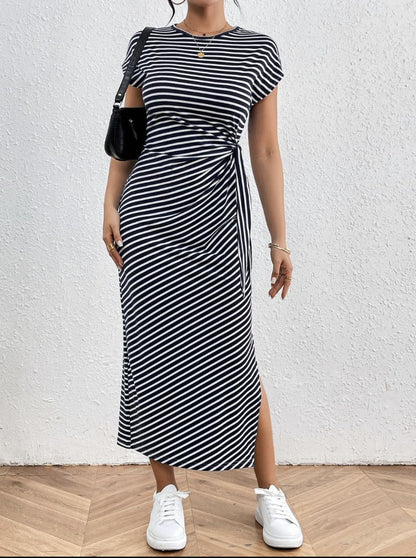 Striped Bodycon Maxi Dress with Side Tie and Slit