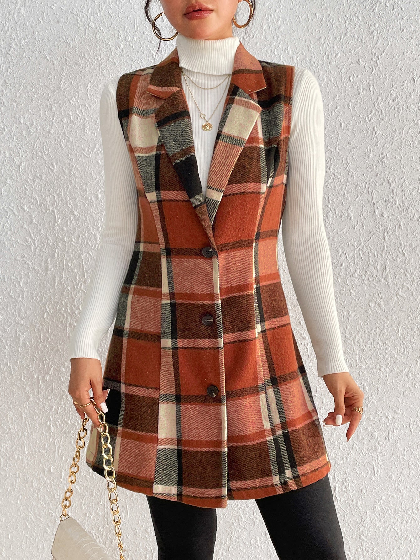 Slim Fit Plaid Vest with Notched Lapel and Button Front