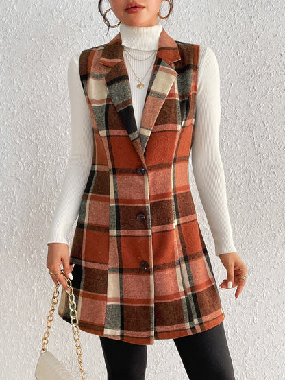 Slim Fit Plaid Vest with Notched Lapel and Button Front