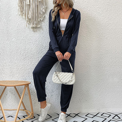 Hooded Jumpsuit with Half-Zip and Drawstring Waist