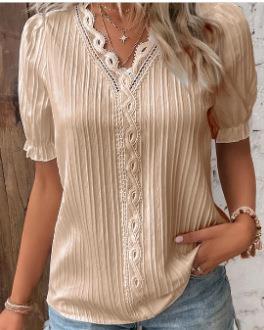 Pleated Short-Sleeve Blouse with Lace V-Neck