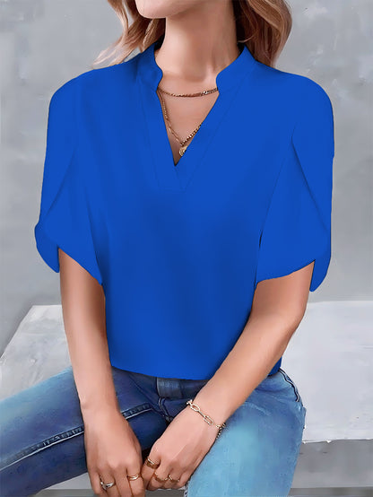 Solid Color V-Neck Blouse with Petal Sleeves