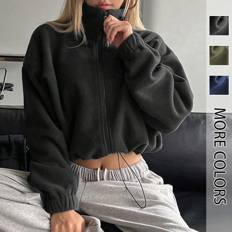 Cropped Fleece Jacket with Stand Collar and Drawstring Hem