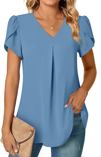 Solid V-Neck Blouse with Petal Sleeves and Pleated Front