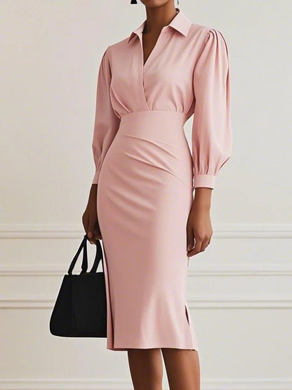 Sheath Midi Dress with V-Neck and Ruched Waist