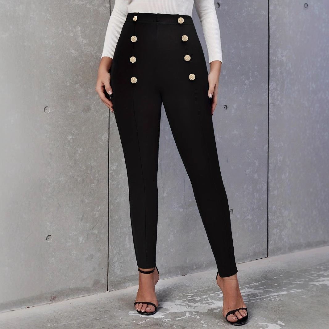 High-Waist Skinny Pants with Double-Breasted Buttons