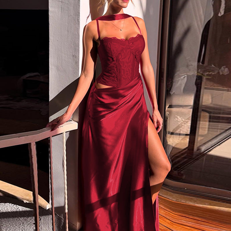 A-Line Satin Maxi Dress with Lace Bodice and High Slit