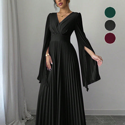 High-Waist Pleated Maxi Dress with Split Sleeves
