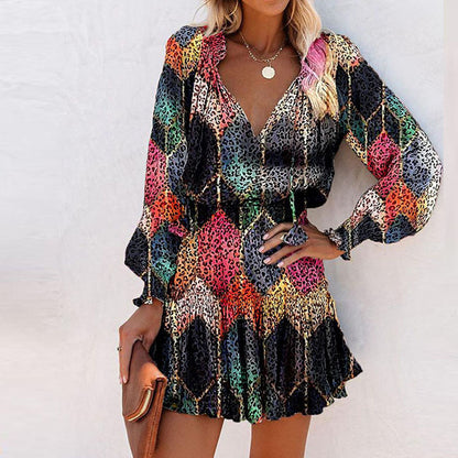 Printed Ruffled Mini Dress with V-Neck and Lantern Sleeves