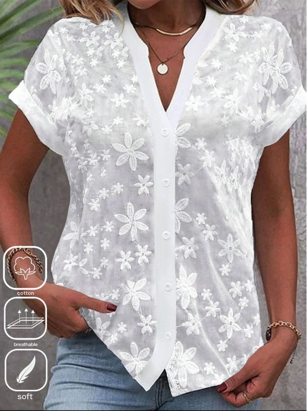 Floral Lace Blouse with V-Neck and Short Sleeves