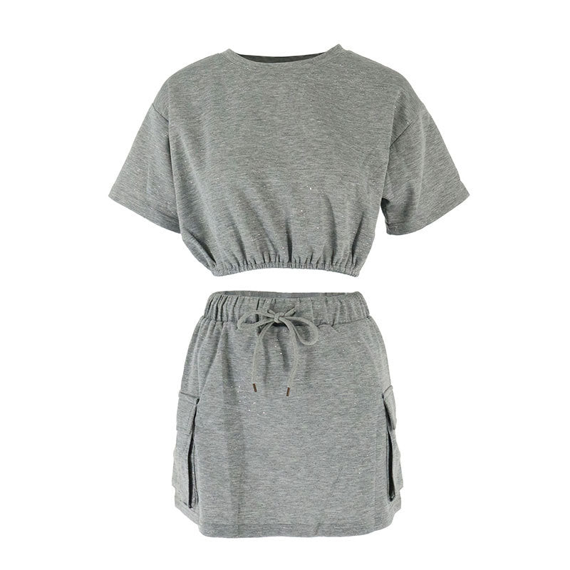Glitter Cropped T-Shirt and Mini Skirt Set with Cargo Pockets