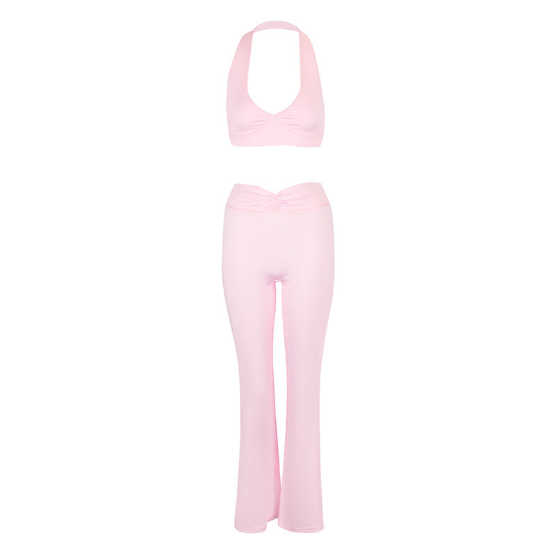 Halter Crop Top & Flared Pants Set with Ruched Waist