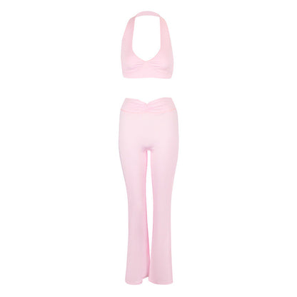 Halter Crop Top & Flared Pants Set with Ruched Waist