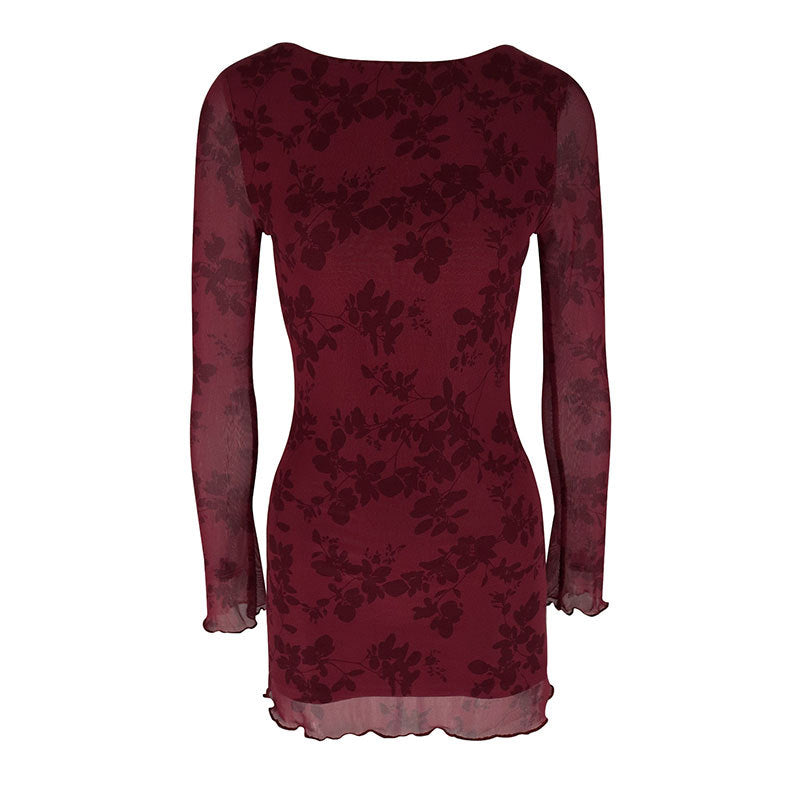 Floral Mesh Bodycon Mini Dress with Crewneck and Long Sleeves