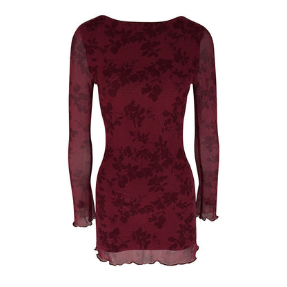 Floral Mesh Bodycon Mini Dress with Crewneck and Long Sleeves