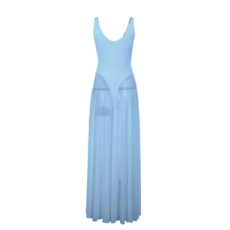 A-Line Maxi Dress with Leopard Print and Sheer Pleated Skirt