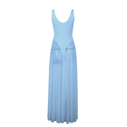 A-Line Maxi Dress with Leopard Print and Sheer Pleated Skirt