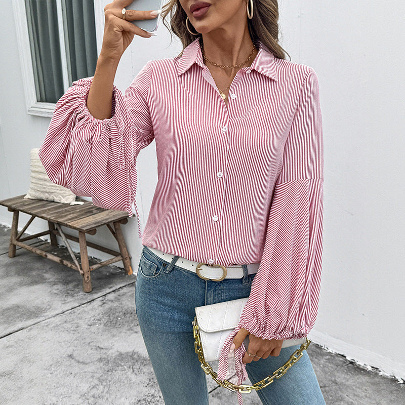 Striped Button-Down Shirt with Drawstring Puff Sleeves
