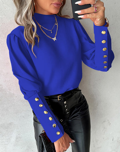 Solid Mock Neck Blouse with Gold Button Cuffs