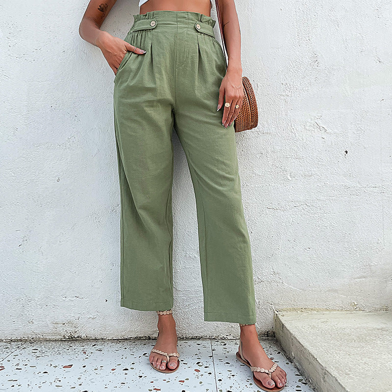 Straight-Leg Cropped Pants with Pleated Paperbag Waist