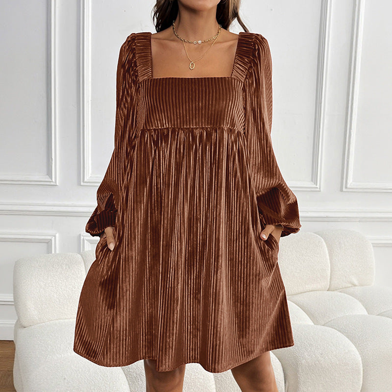 Pleated Velvet Mini Dress with Square Neck and Puff Sleeves