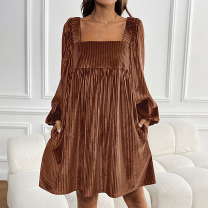 Pleated Velvet Mini Dress with Square Neck and Puff Sleeves