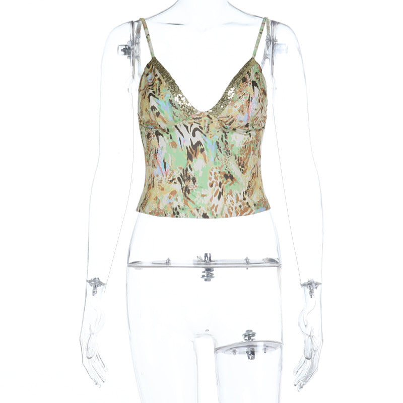 Animal Print Cropped Cami with Sequined V-Neck