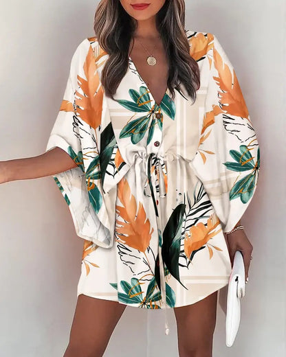Printed Mini Dress with Bat Sleeves and Drawstring Waist