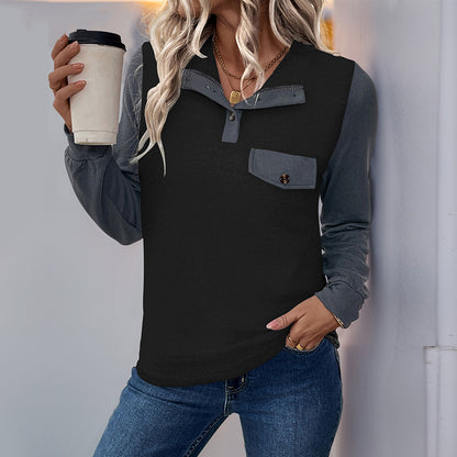 Color-Blocked Henley Sweatshirt with Stand Collar